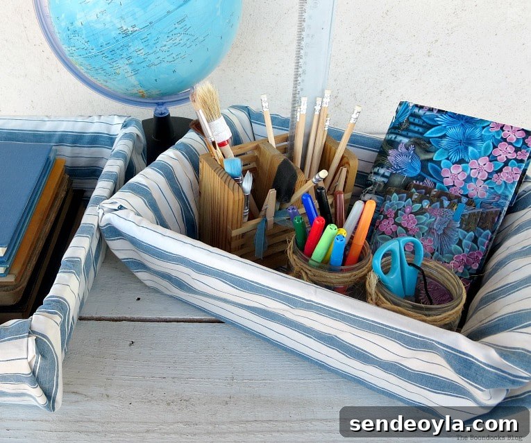 Upcycle Broken Plastic Baskets into Fabric Storage Bins 13 Close up of the school supplies inside the basket.