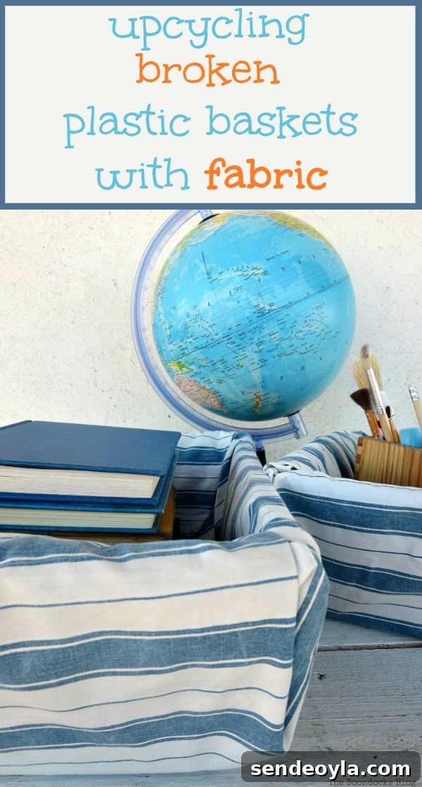 Upcycle Broken Plastic Baskets into Fabric Storage Bins 17 Using fabric to cover up defects in a broken plastic basket, #upcycle #fabricupcycle #plasticbins #storagesolutions #easystorage #easyrepair #DIYproject How to Easily Upcycle Broken Plastic Baskets with Fabric www.theboondocksblog.com