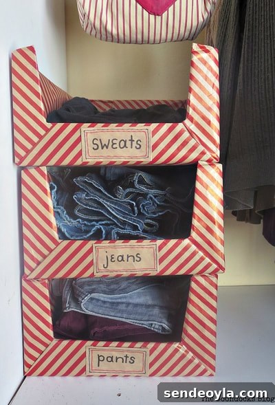 Upcycle Broken Plastic Baskets into Fabric Storage Bins 19 Storage boxes for organizing clothes in the closet.