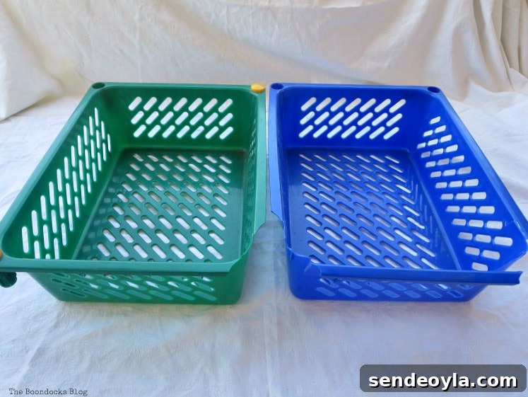Upcycle Broken Plastic Baskets into Fabric Storage Bins 3 Two broken plastic baskets.