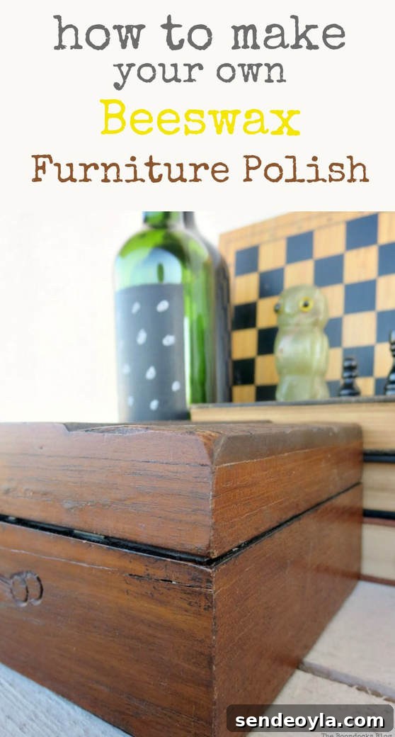 DIY Beeswax Furniture Polish Recipe and Care Tips 16 Close up of the polished wooden box with text overlay saying "how to make your own beeswax furniture polish"
