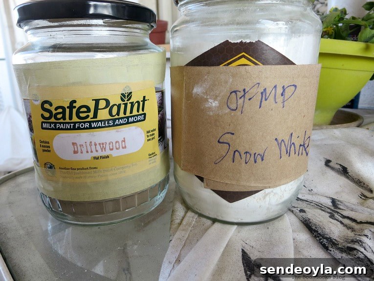 How to Paint and Upgrade an IKEA HEJNE Shelf 5 Old Fashioned Milk Paint powder in jars.