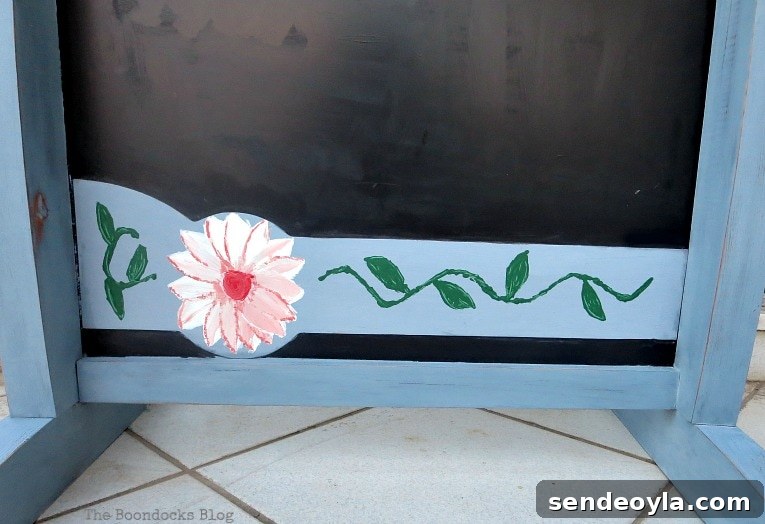 How to Upcycle a Vintage Chalkboard Stand 10 flower design on plastic piece on the bottom