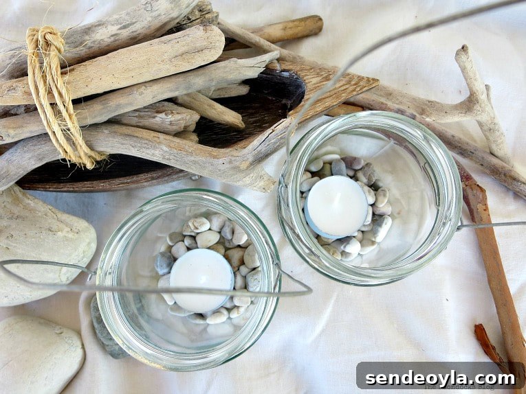 top view of lantern jars and driftwood
