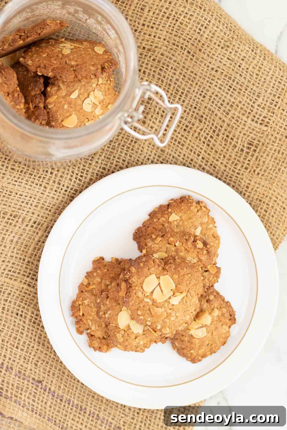 Classic Crunchy Anzac Biscuits Recipe 3 Rolled Oats Biscuits on a plate and in a Kilner jar