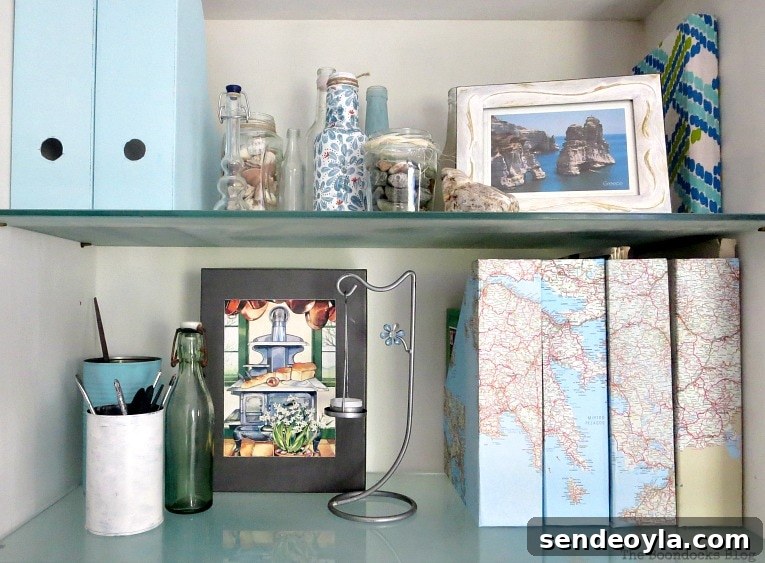 A gray box added to the shelf, Pretty and Practical Bookcases the Easy Way