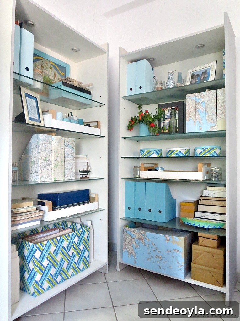Two bookcases styled with blue colors, maps and pomegranate branches