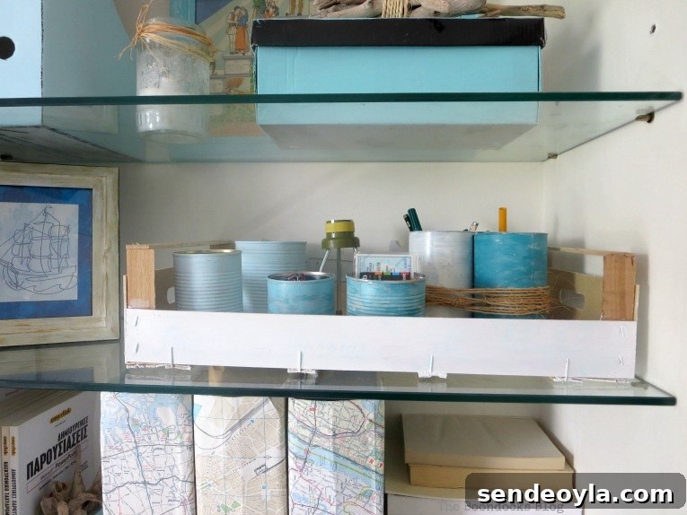 tin cans used for organization and storage, Pretty and Practical Bookcases the Easy Way
