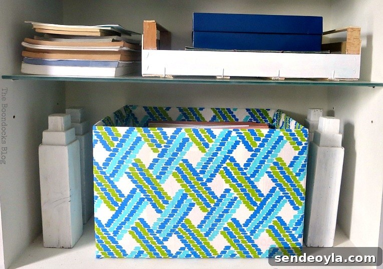 cardboard box covered with fabric, Pretty and Practical Bookcases the Easy Way