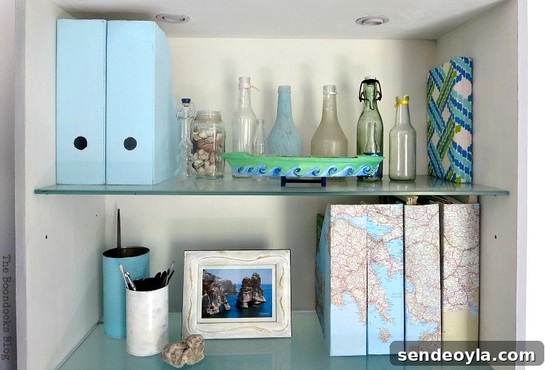 Bookcase two with magazine files and tin cans, Pretty and Practical Bookcases the Easy Way