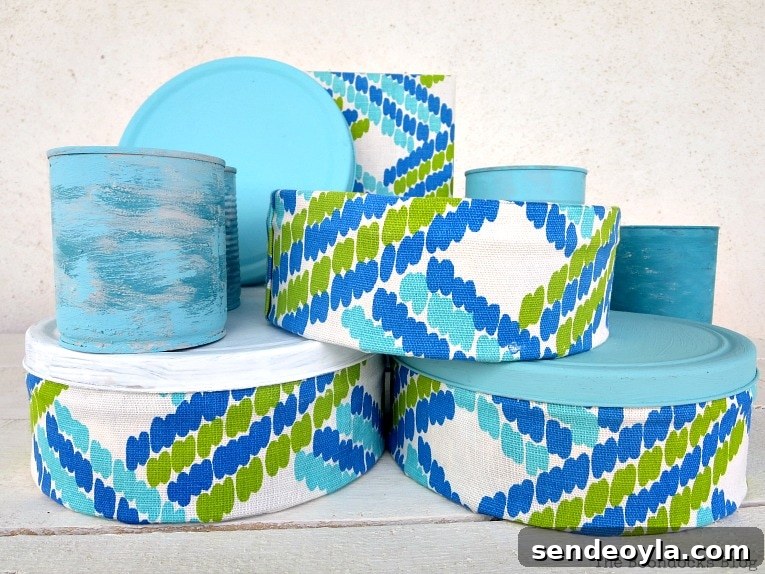 fabric covered cookie tins and painted tin cans
