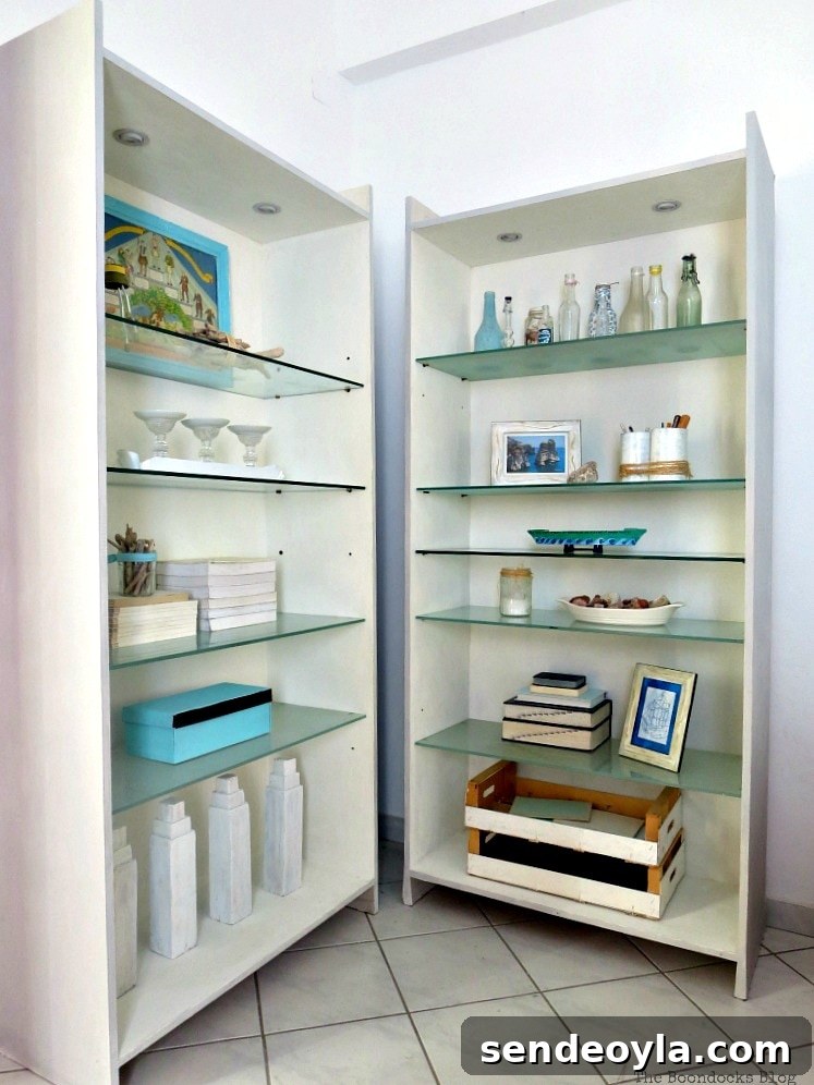 Avoid These Mistakes When Upcycling Bookcases 11 Full view of the upcycled bookcase placed next to the second bookcase.