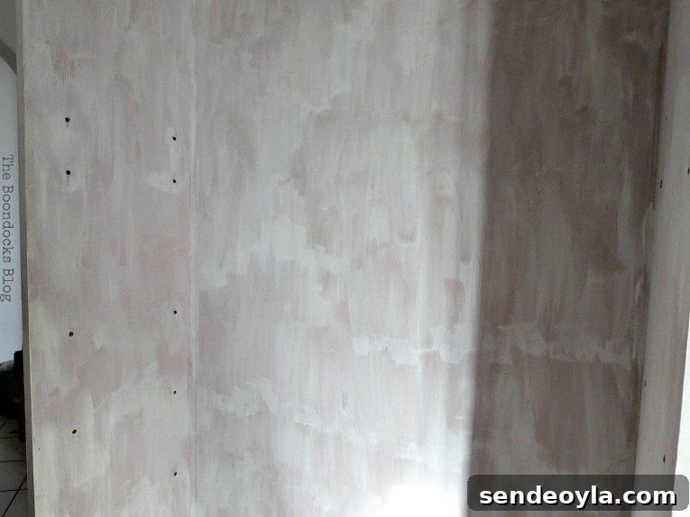 Avoid These Mistakes When Upcycling Bookcases 7 First coat of paint on the interior of the upcycled bookcase.