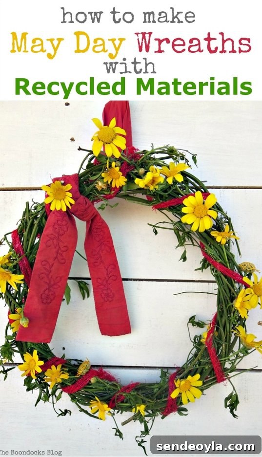 Recycling a mesh plastic bag and wire to make a May Day Wreath