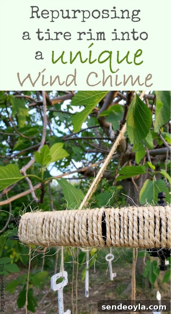 wind chime repurposed from a bicycle tire rim