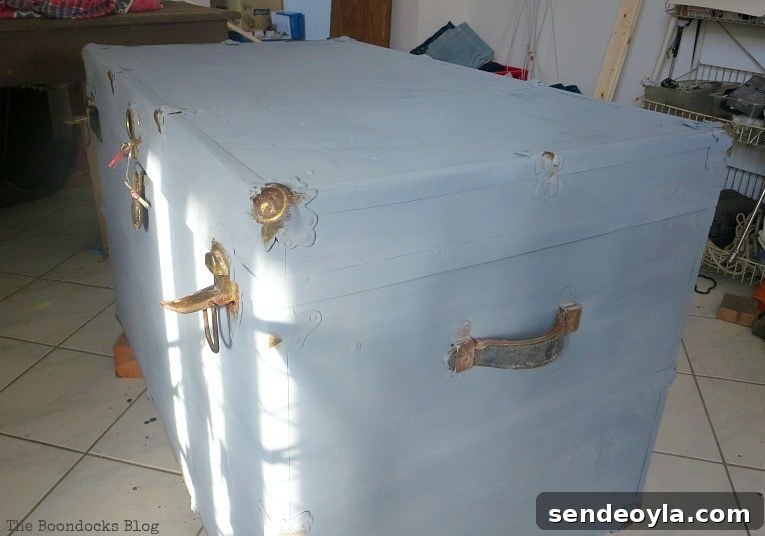 Applying milk paint to the trunk.