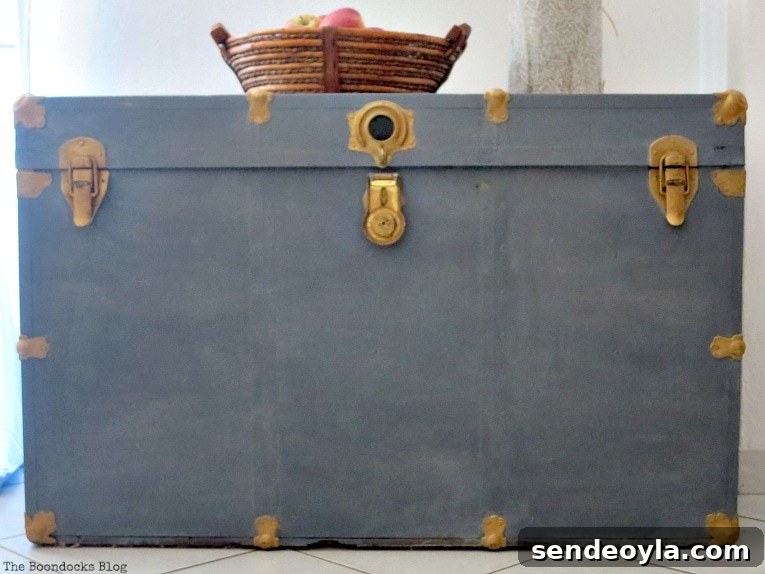 Finished vintage metal trunk painted with milk paint.