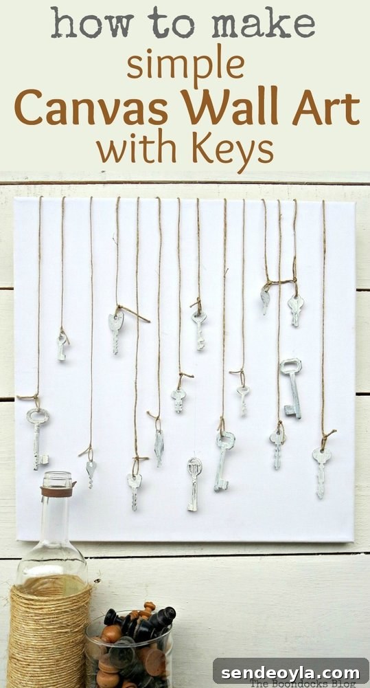 How to make simple canvas wall art with keys, just paint the keys with chalk paint tie them with twine and attach them using masking tape, How to Make Simple Canvas Wall Art with Keys