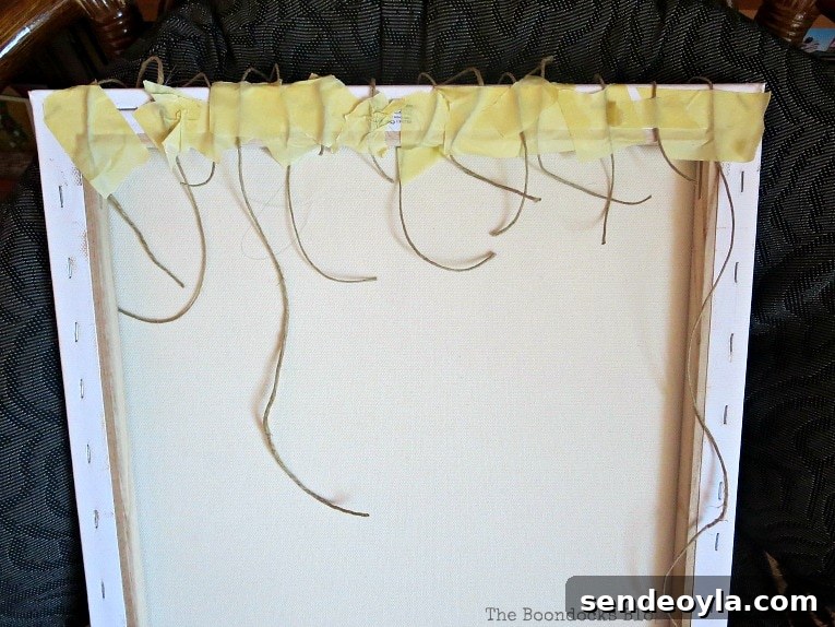 twine taped to the back of canvas with masking tape, How to Make Simple Canvas Wall Art with Keys, www.theboondocksblog.com