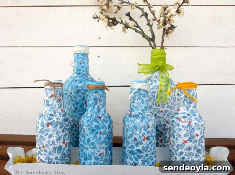 Finished decoupaged bottles,