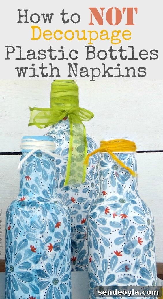 decoupaged plastic bottles with Ikea napkins and how to not do it, #Decoupage #Avoidmistakes #papernapkins #plasticbottleupcycle #repurposedplasticbottles #prettyspringcraft #modpodge #springcraft How to Not Decoupage Plastic Bottles with Napkins www.theboondocksblog.com
