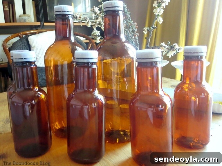 Brown plastic bottles after covering has been removed.