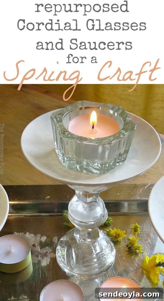 DIY Spring Pedestal from Upcycled Cordial Glasses and Saucers 21 Repurposed Cordial Glasses and Saucers for a Spring Craft Pedestal.
