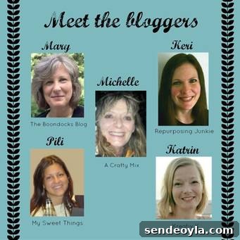 DIY Spring Pedestal from Upcycled Cordial Glasses and Saucers 22 "meet the bloggers" overlay with pictures of five women and their names.