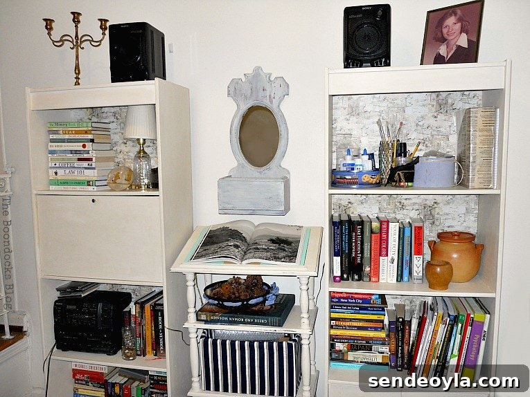 Mirror and dictionary stand flanked by two bookcases with lots of books