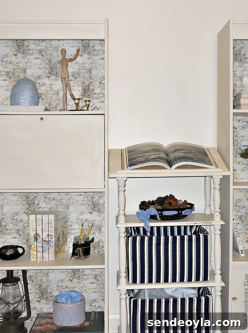 Transform Bookcases with Paint and Wrapping Paper 10 Finished and painted bookcase next to dictionary stand.