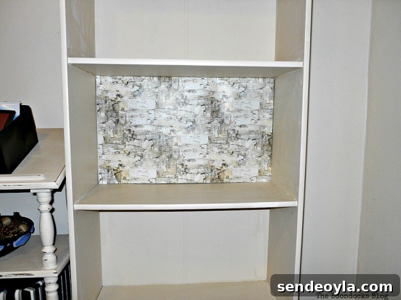 Transform Bookcases with Paint and Wrapping Paper 6 Adding a birch wall paper to the back of the bookcase.