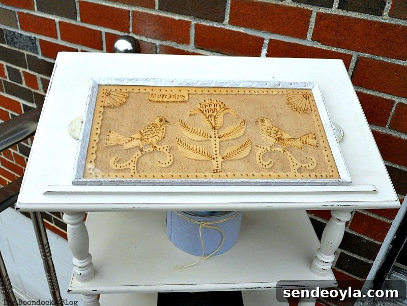 top view with wooden tray, How to Upcycle a Dictionary Stand with Chalk Paint www.theboondocksblog.com