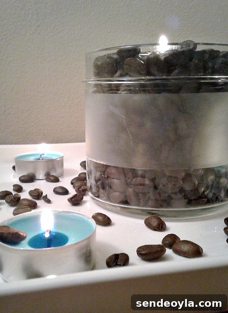 using beans with tealights to make a pretty candle centerpiece and to make the house smell yummy, Coffee with Tealights please www.theboondocksblog.com