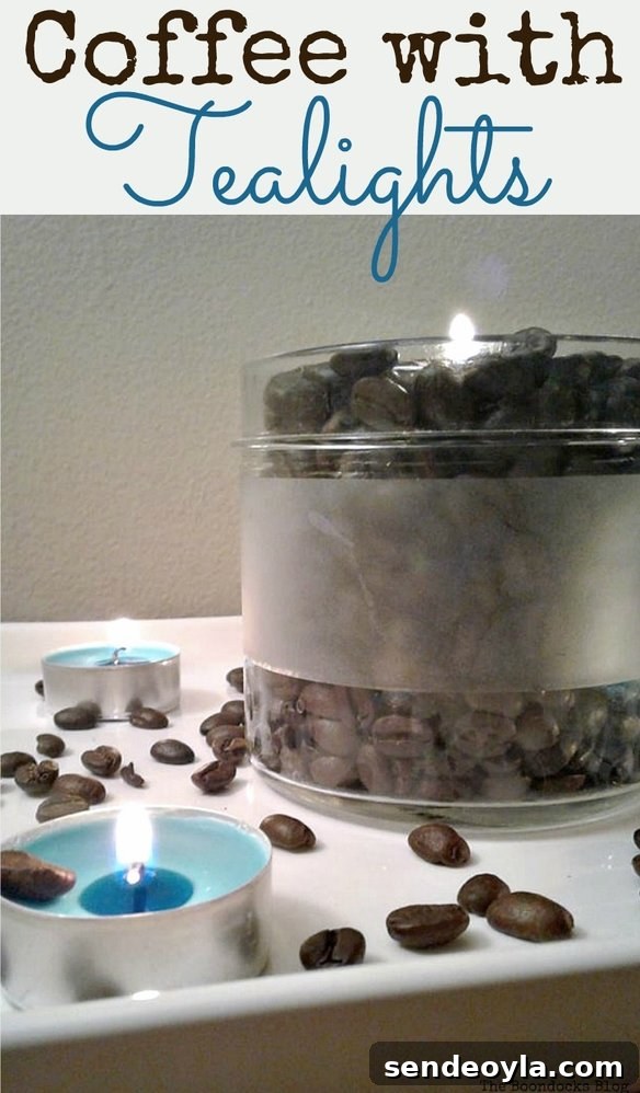 Repurposing coffee beans with tealights to create a centerpiece that smells as yummy as it looks. 