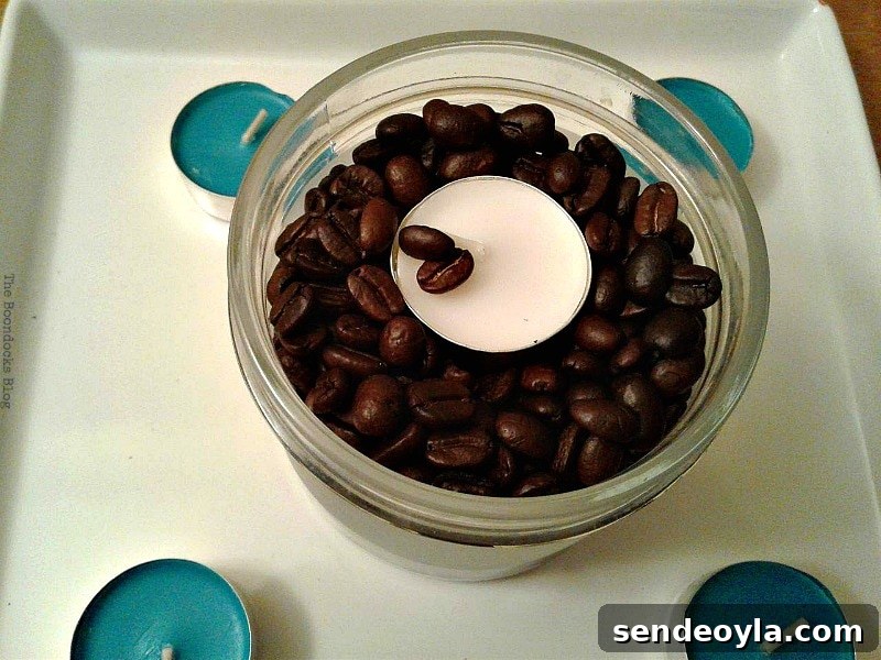coffee beans added in container, Coffee with Tealights please www.theboondocksblog.com