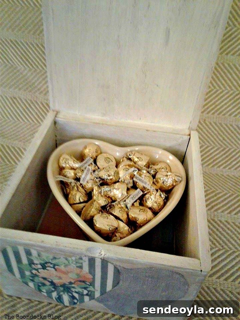 chocolates inside of heart shaped bowl in wooden box, Valentine's Day Wooden Gift Box www.theboondocksblog.com