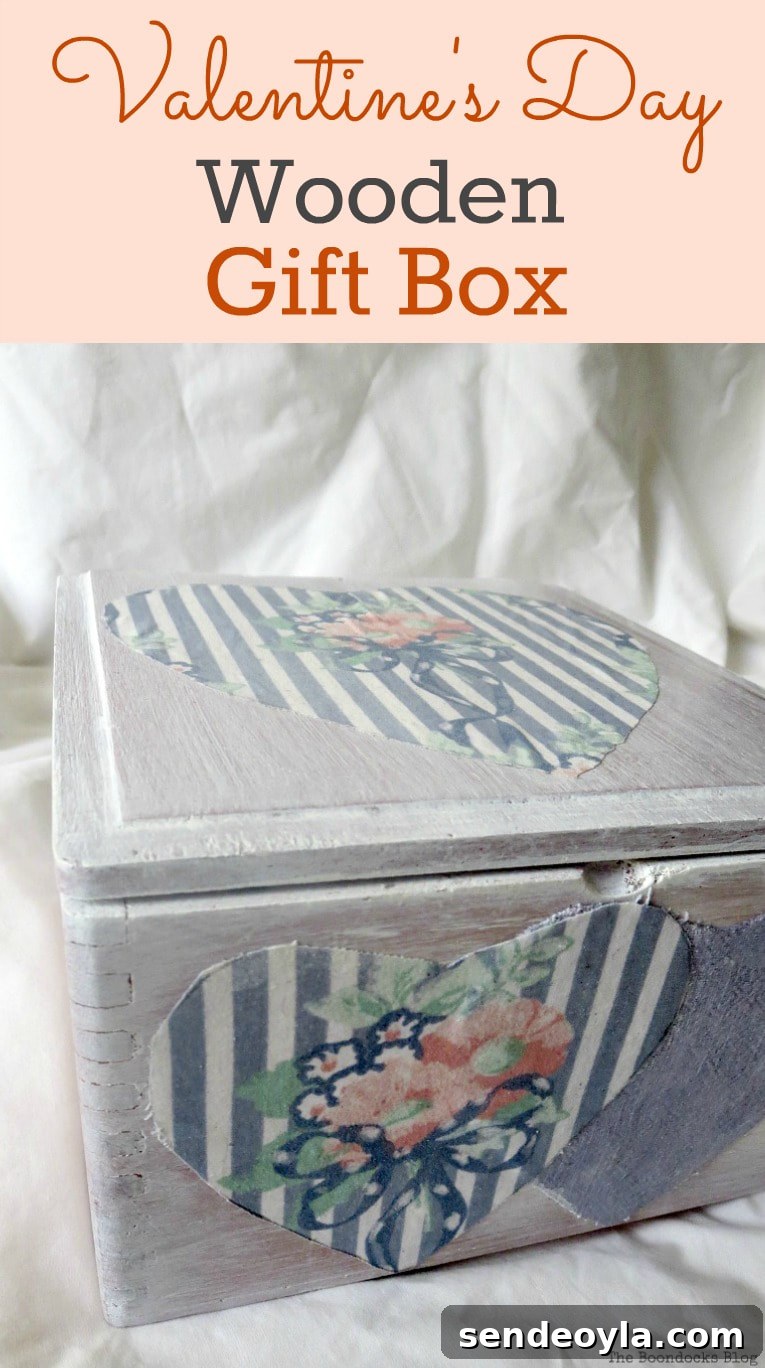 An old cigar box, white washed and decoupaged into a gift box, Valentine's Day Wooden Gift Box www.theboondocksblog.com #repurpose #Upcycle #ValentinesDay #Heartshaped #Decooupage #whitewashedbox #giftbox