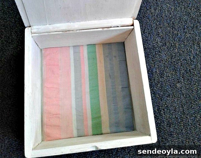 inside of box with fabric on the bottom, Valentine's Day Wooden Gift Box www.theboondocksblog.com