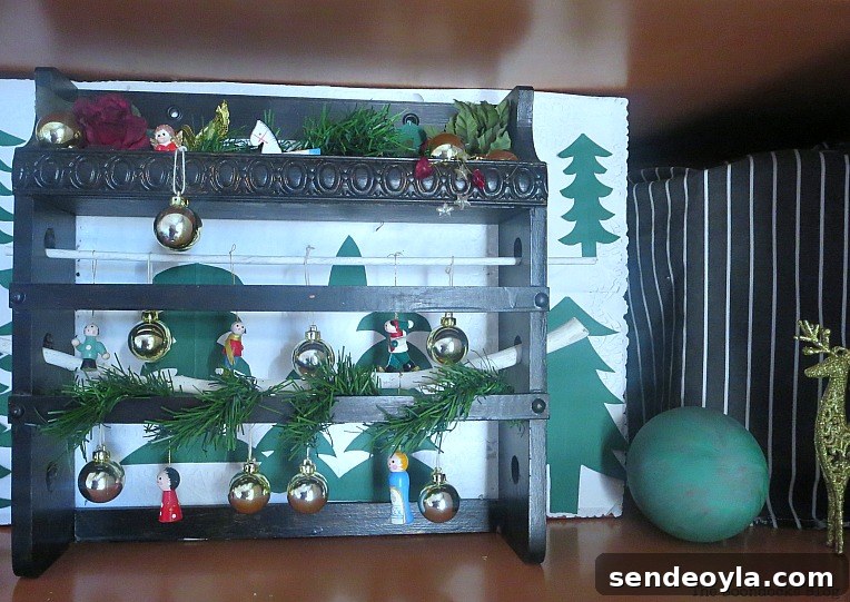 Old spice rack repurposed as vignette, How to Repurpose your Decor for a Unique Christmas Look