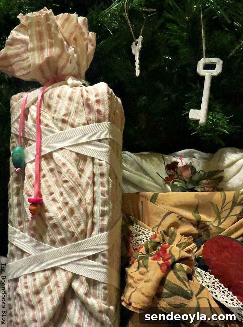 Adding beads and white ribbon to wrapping
