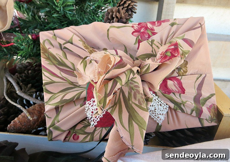 Vintage fabric repurposed from a dress and lace to wrap gift