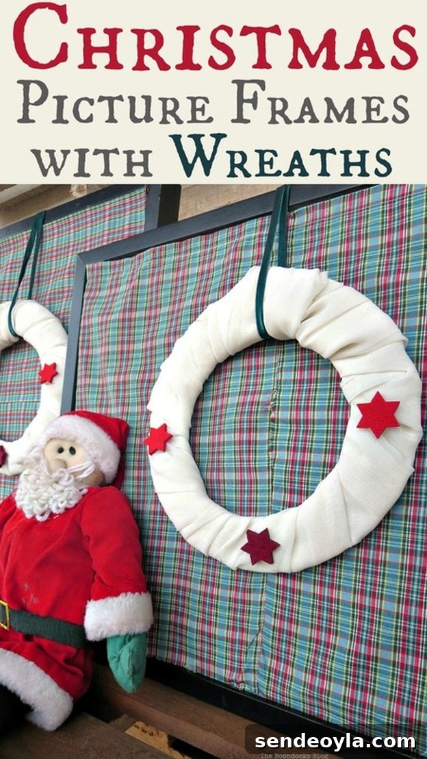 How to upcycle your Picture frames for Christmas the lazy way by adding wreaths and fabric, Christmas Picture Frames with Wreaths the Lazy Way www.theboondocksblog.com