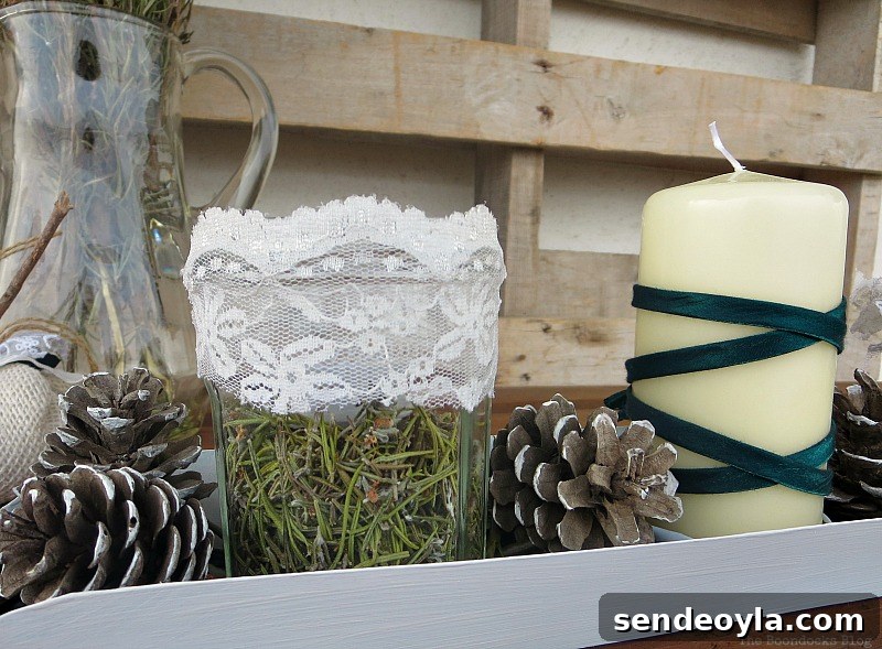 Green Christmas Centerpiece Ideas to Wrap Up the Holidays 10 Detail of centerpiece with lace, Easy Green Christmas Centerpieces
