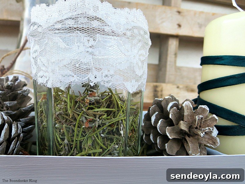 Detail of jar with rosemary flowers, Easy Green Christmas Centerpiece