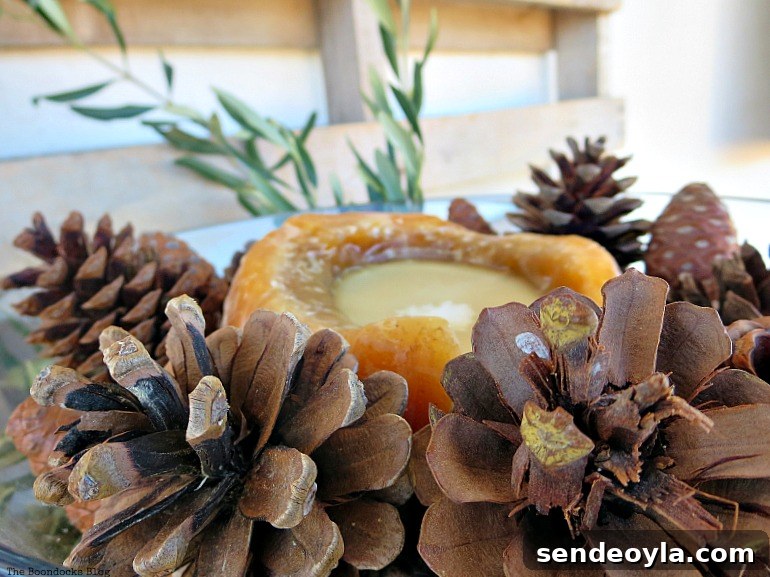 DIY Natural Thanksgiving Table Centerpiece Ideas 16 Close up of pine cones and candle.