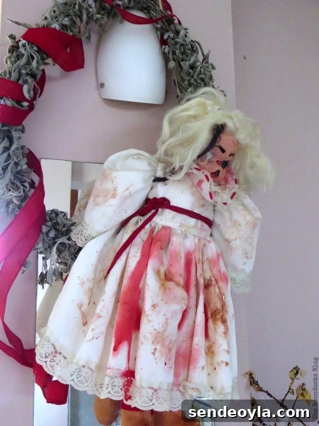 Doll hanging from wreath, Paranoid Man goes to the Halloween Party