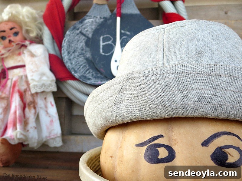 Paranoid Man pumpkin is scared of doll, How to make a fun tube Halloween Wreath www.theboondocksblog.com