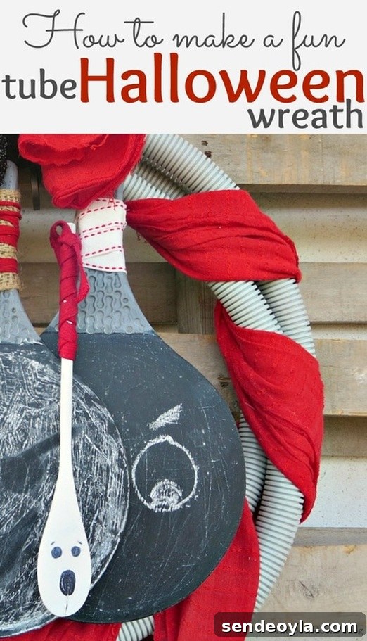 Tube repurposed into fun halloween wreath with paddles and spoon as decoration, How to make a fun tube Halloween Wreath www.theboondocksblog.com