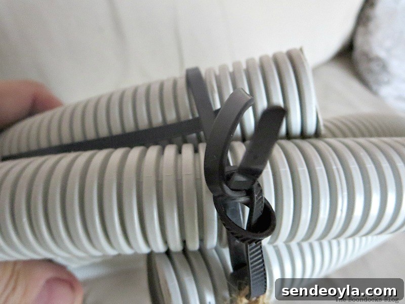 Using cable ties to secure the tube, How to make a fun tube Halloween Wreath www.theboondocksblog.com