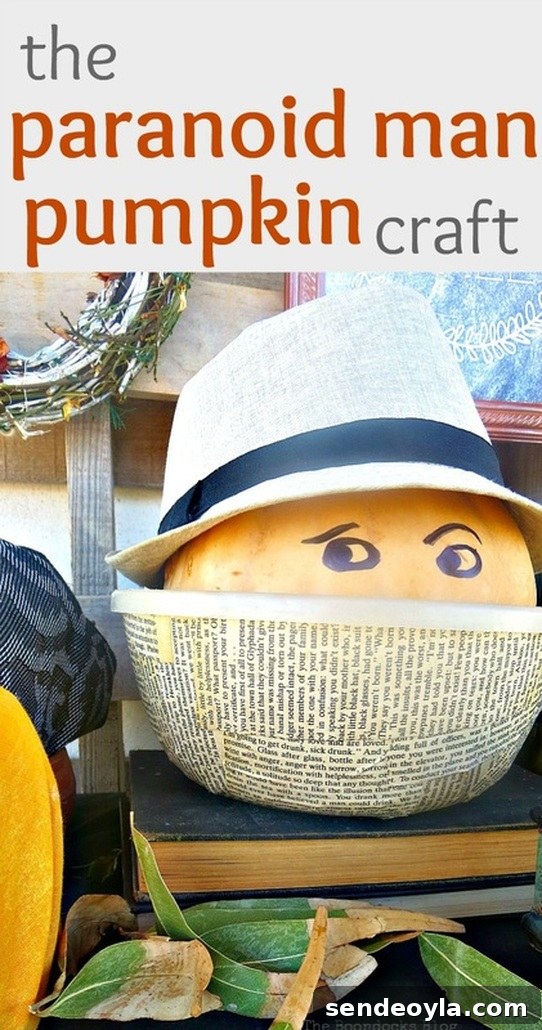 Easy craft with pumpkin wearing fedora in a decoupaged bowl